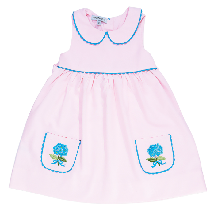 PINK DRESS W/EMB BLUE HYDRANGEA