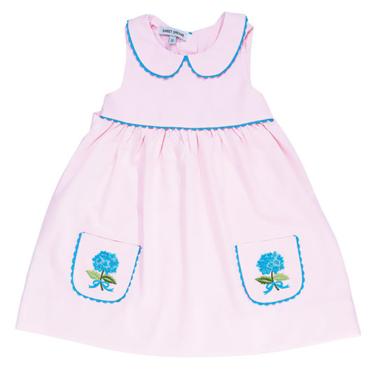 PINK DRESS W/EMB BLUE HYDRANGEA